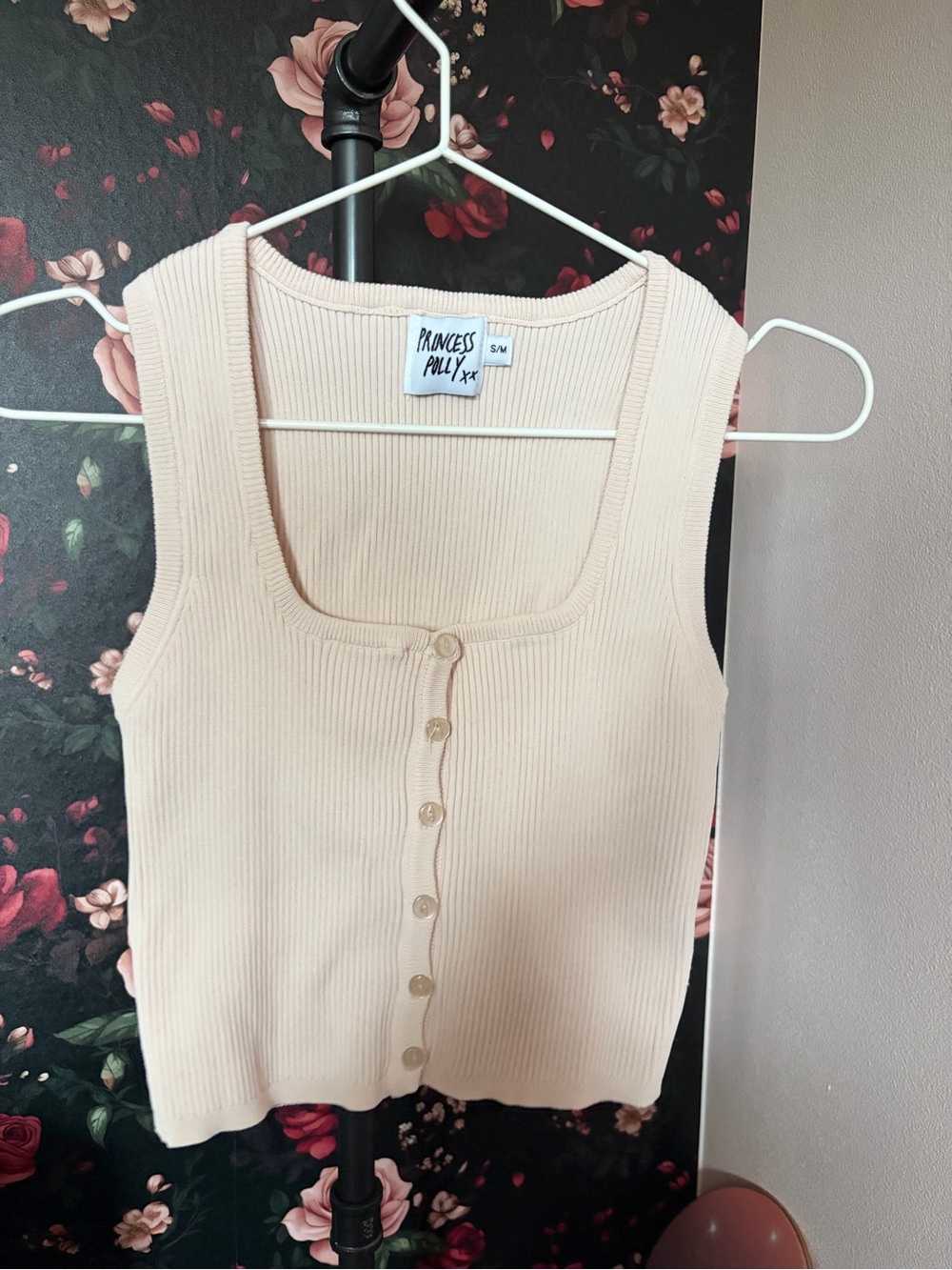 Princess Polly Blush Ribbed Button-Front Crop Tank